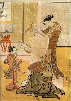 Японская гравюра. Харунобу. Бог счастья Фукурокудзю в цирюльне