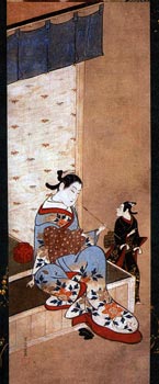 Японская гравюра. Матабэй Иваса. Куртизанка, сидящая на веранде 1716